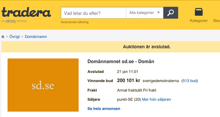 Auktion, Tradera, Sverigedemokraterna, Henrik Vinge